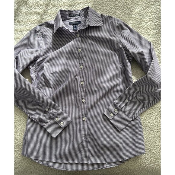 Lands' End Wrinkle Free Button Down Long Sleeve Blouse Top Purple/White Stripe 4 - Picture 4 of 8